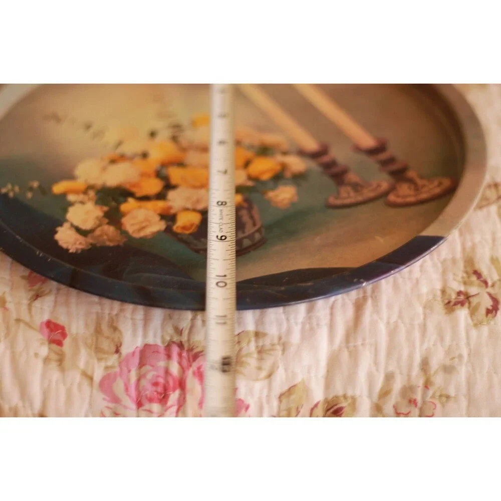 Vintage Round Metal Serving Tray Yellow White Flowers Candles